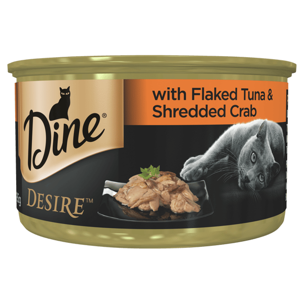 image DINE%20DESIRE%20Grain%20Free%20Wet%20Cat%20Food%20Flaked%20Tuna%20%26%20Crab%20Can%2085g-min