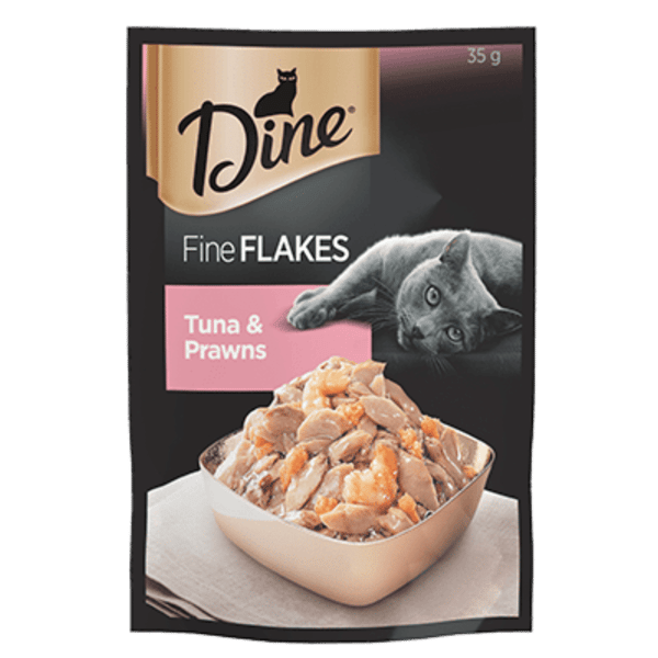 image DINE%20Fine%20Flakes%20Adult%20Wet%20Cat%20Food%20Tuna%20%26%20Prawns%20Pouch%2035g