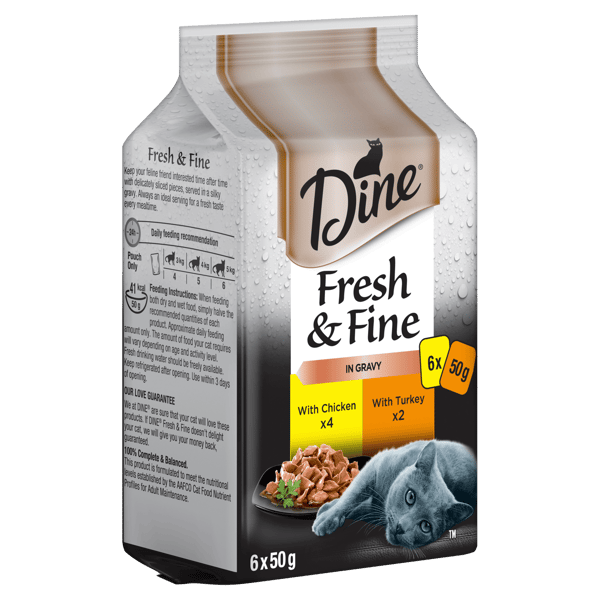 image DINE%20Fresh%20%26%20Fine%20Adult%20Wet%20Cat%20Food%20in%20Gravy%20Chicken%20%26%20Turkey%206x50g%20Pouches-min