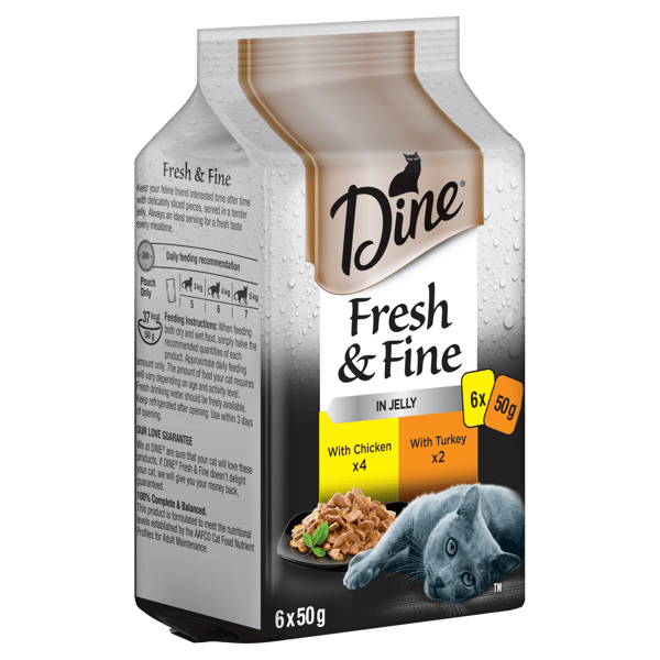 image DINE%20Fresh%20%26%20Fine%20Adult%20Wet%20Cat%20Food%20in%20Jelly%20Chicken%20%26%20Turkey%206x50g%20Pouches-min