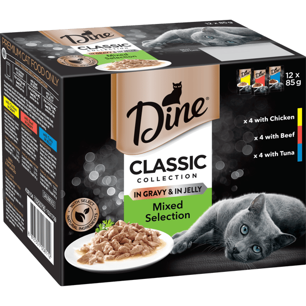 image DINE%20Wet%20Cat%20Food%20Classic%20Collection%20Mixed%20Selection%20In%20Gravy%20%26%20In%20Jelly%2012x85g%20Pouches-0-min