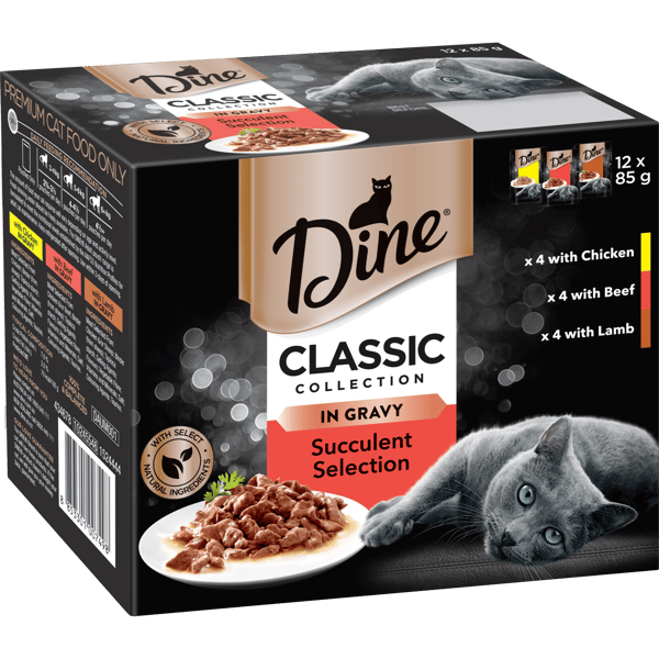 image DINE%20Wet%20Cat%20Food%20Classic%20Collection%20Succulent%20Selection%20In%20Gravy%2012x85g%20Pouches-0-min