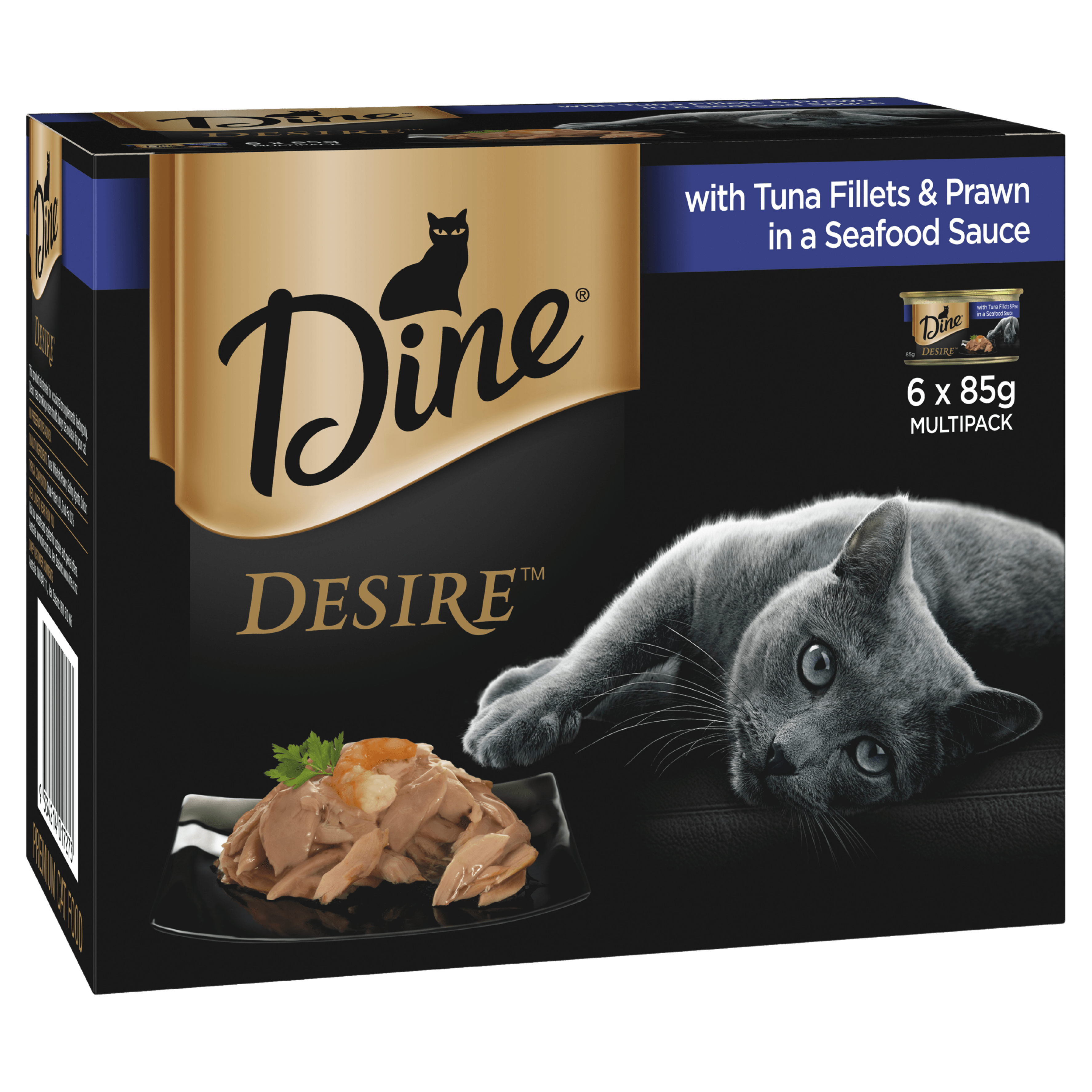 image DINE%20DESIRE%20Adult%20Wet%20Cat%20Food%20with%20Tuna%20Fillets%20%26%20Prawn%20in%20a%20Seafood%20Sauce%206x85g%20Can-min